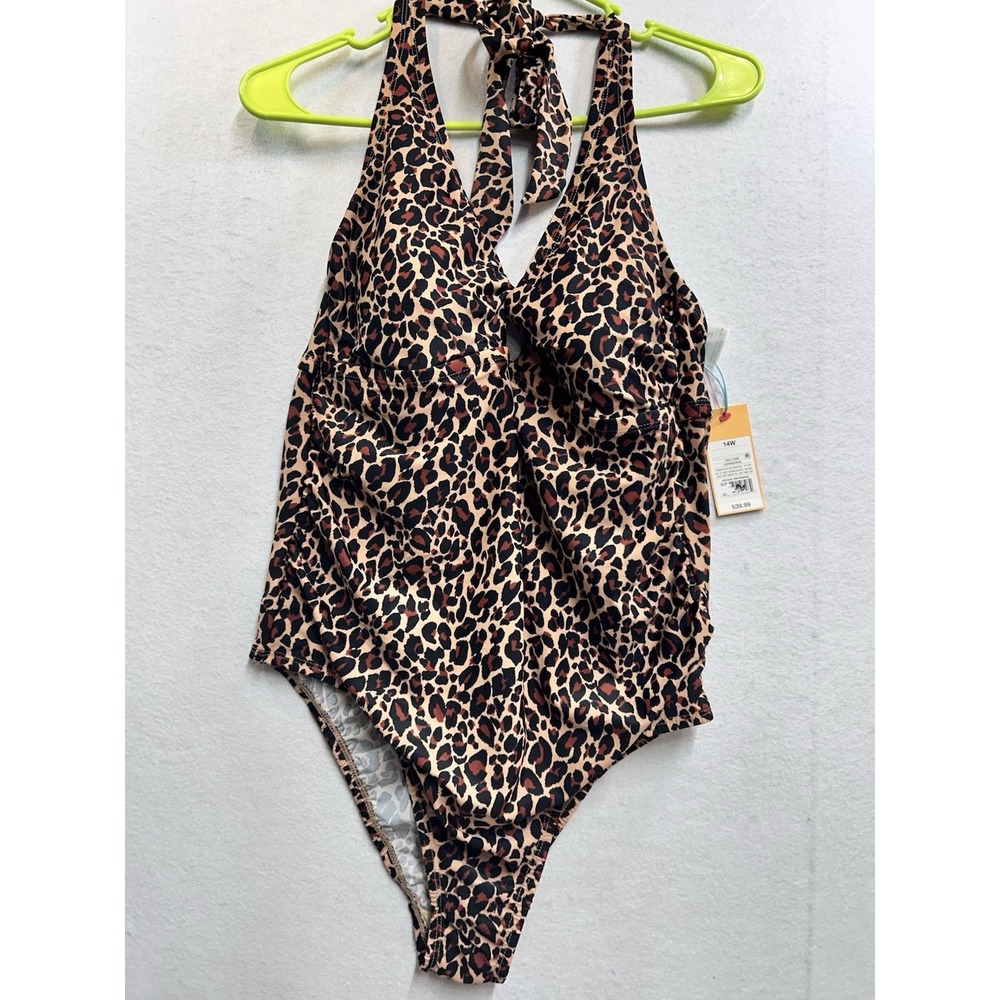 Kona Sol Leopard Print Halter One-Piece Swimsuit 14W NWT‎